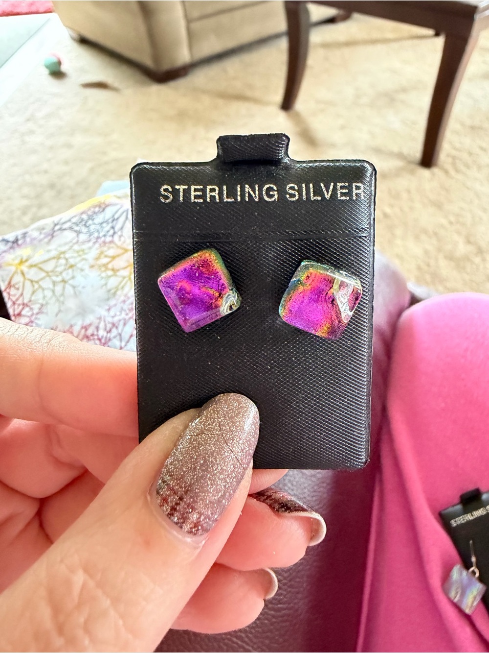 Multicolor Dichroic Glass Stud Earrings - Iridescent Purple